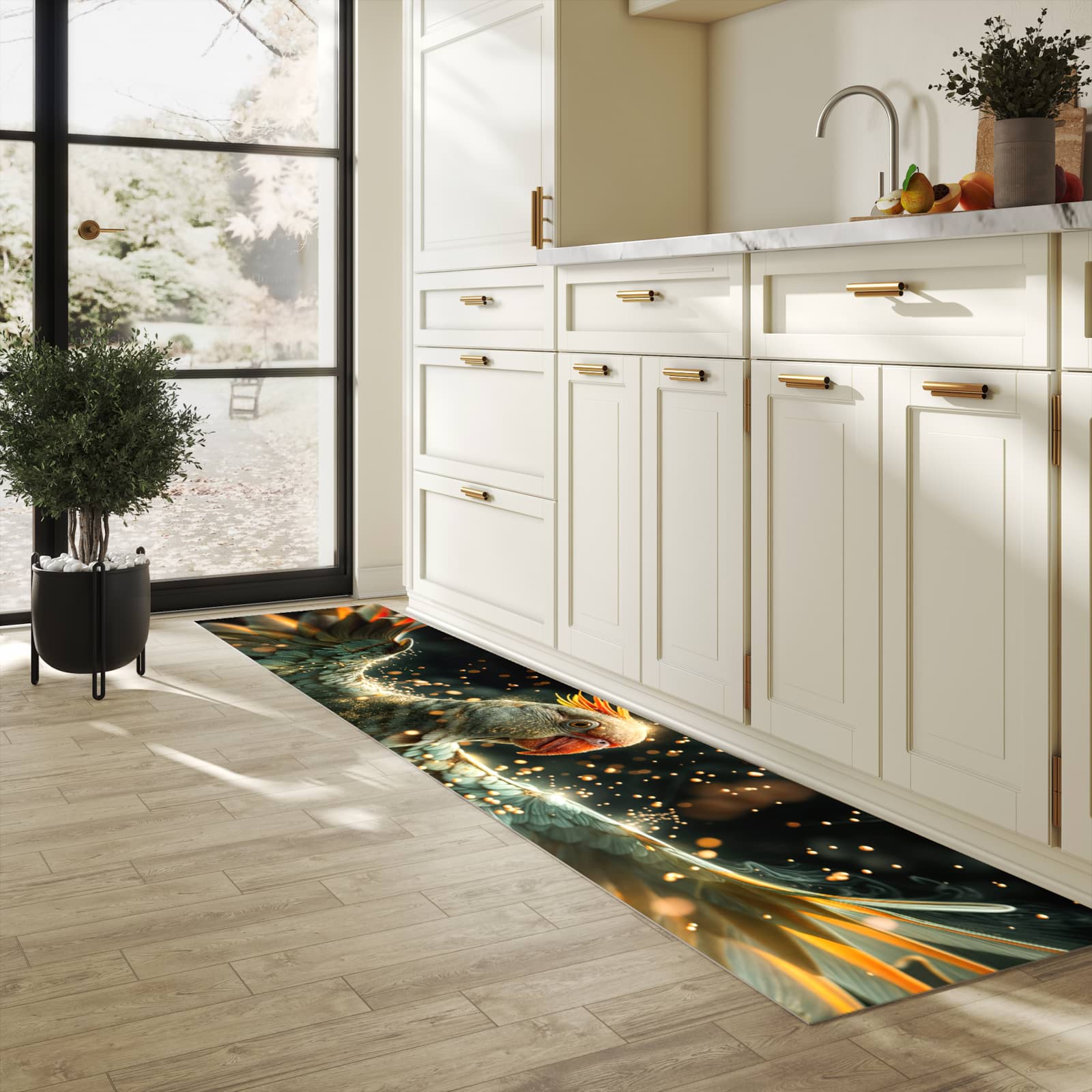 Hygienischer moderner Küchenläufer mit Motiv Fliegender Papagei in heller Küche