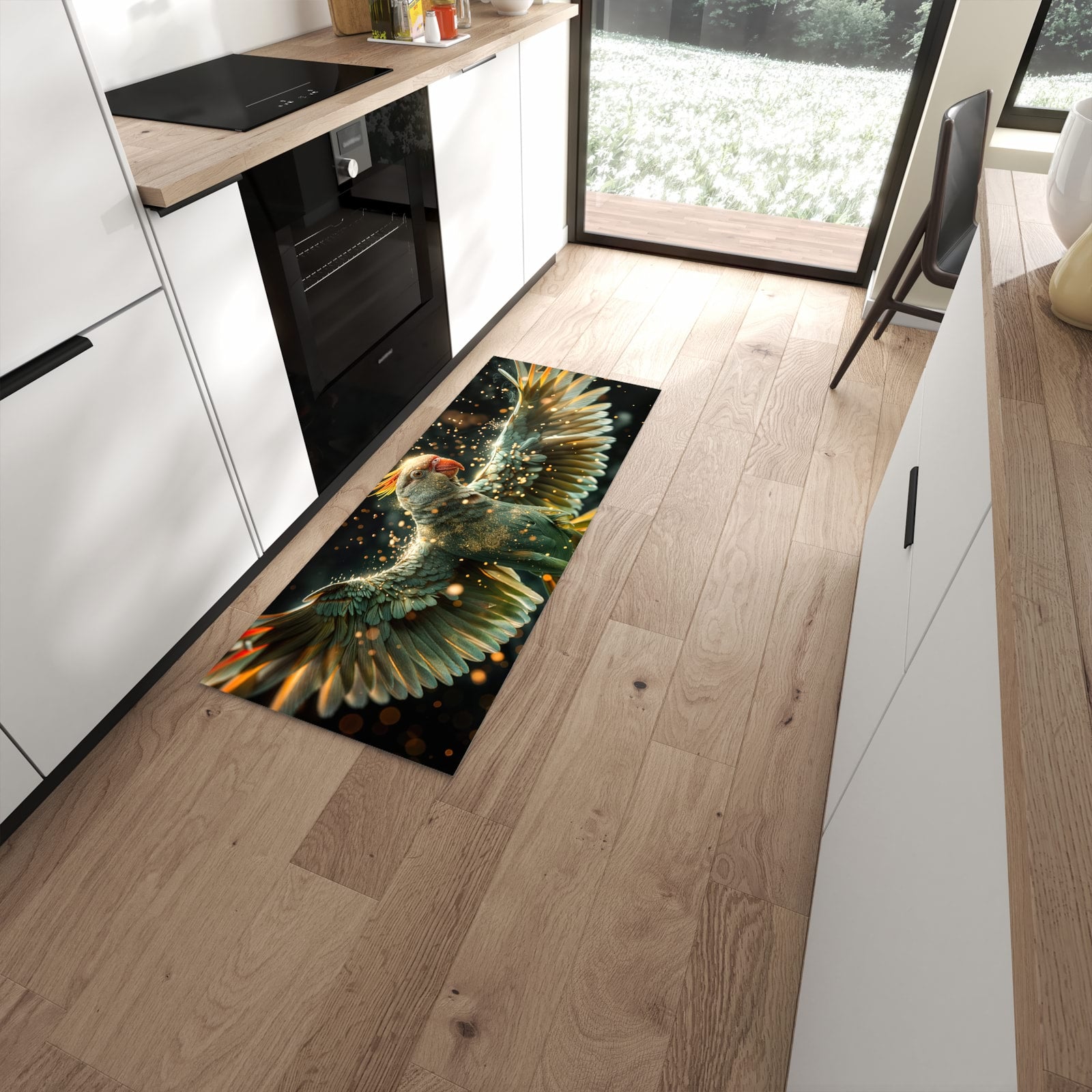 Wasserabweisender Teppich für Küche mit Motiv Fliegender Papagei in moderner Küche #grösse_60 x 150 cm