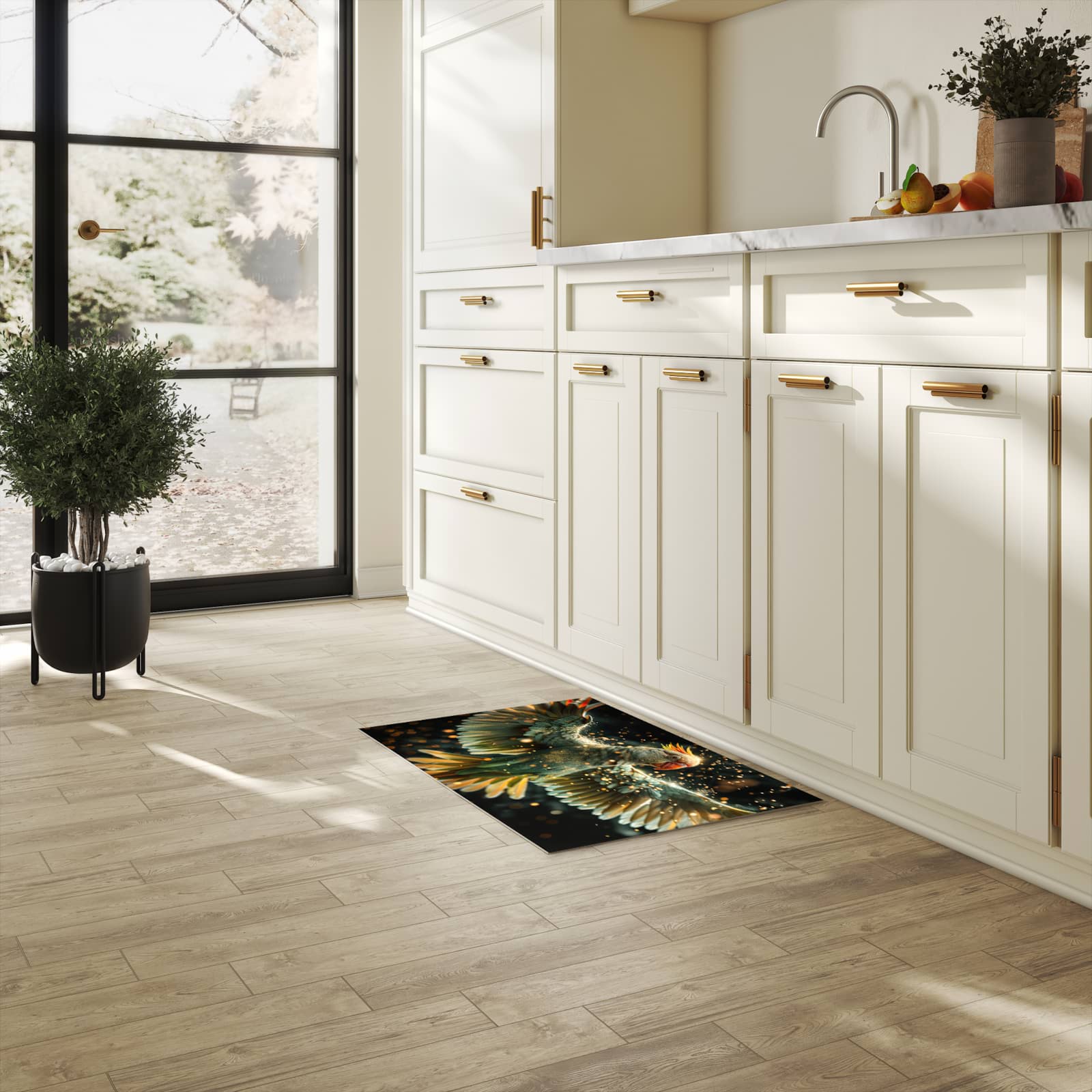 Strapazierfähiger abwaschbarer Küchenläufer mit Motiv Fliegender Papagei in heller Küche