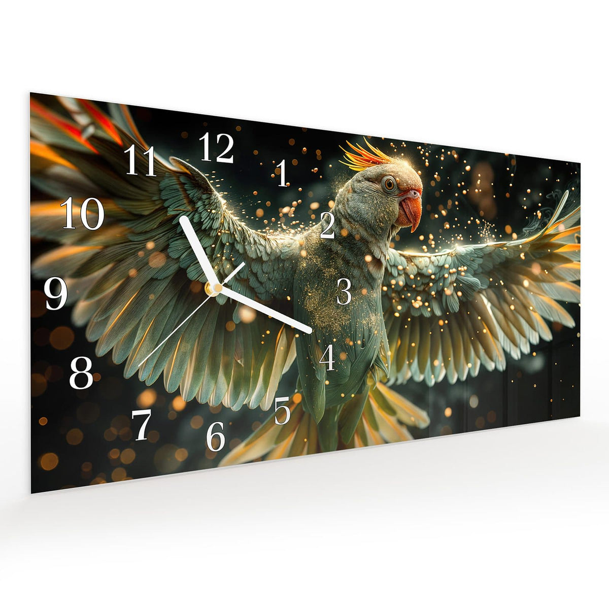 Vormontiert – mit Schwebeeffekt – Wanduhr Fliegender Papagei aus Glas – Querformat 60 × 30 cm