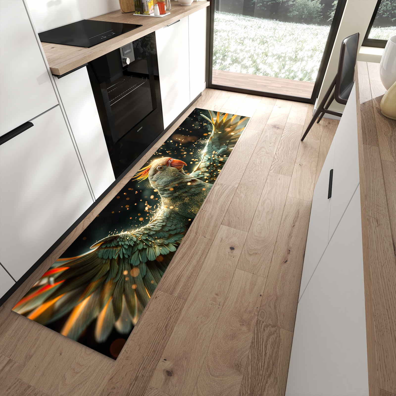 Schmutzabweisender Teppich für die Küche mit Motiv Fliegender Papagei in moderner Küche