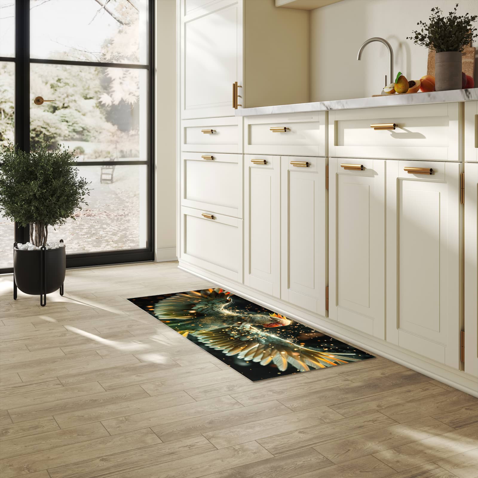 Komfortabler rutschfester Küchenläufer mit Motiv Fliegender Papagei in heller Küche