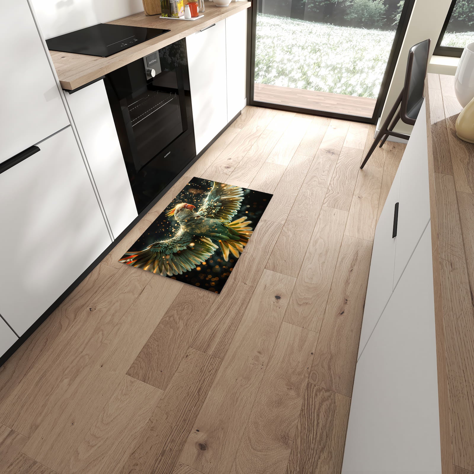 Flacher Küchenteppich mit Motiv Fliegender Papagei in moderner Küche