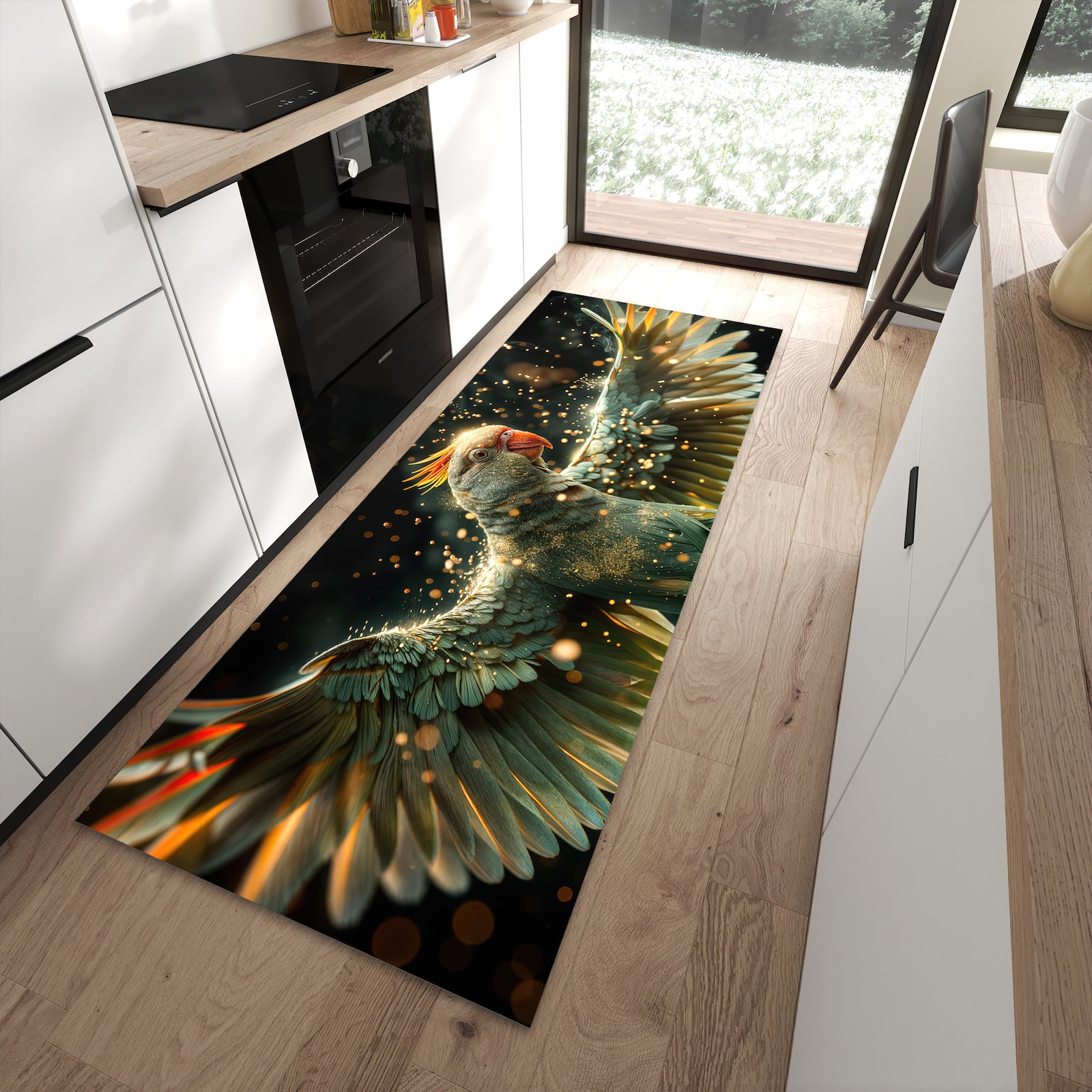 Hygienischer Küchenteppich mit Motiv Fliegender Papagei in moderner Küche - waschbar