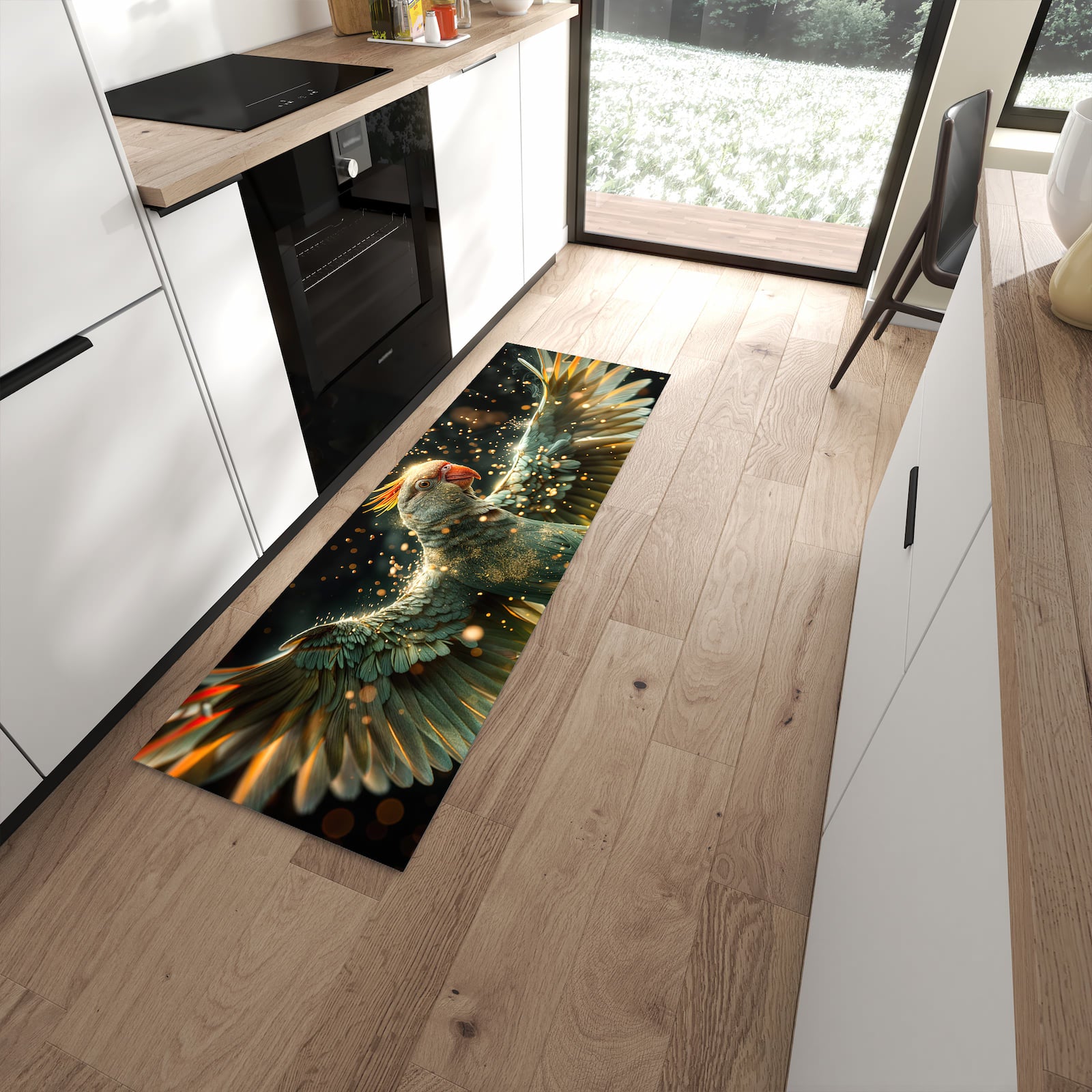 Fleckenresistenter Küchenteppich mit Motiv Fliegender Papagei in moderner Küche