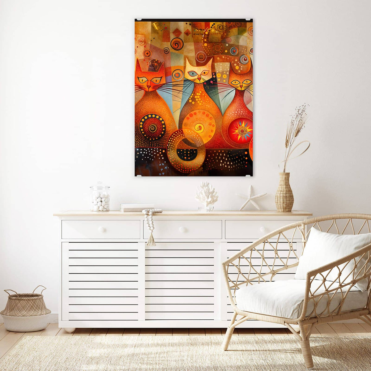 Aufhängung liegt bei – Motiv später wechselbar – Wandbild - Drei Katzen in Orange - Hochformat