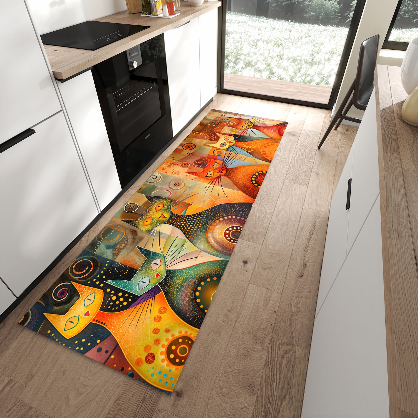 Pflegeleichter großer Küchenteppich mit Motiv Katzenkunstwerk in moderner Küche