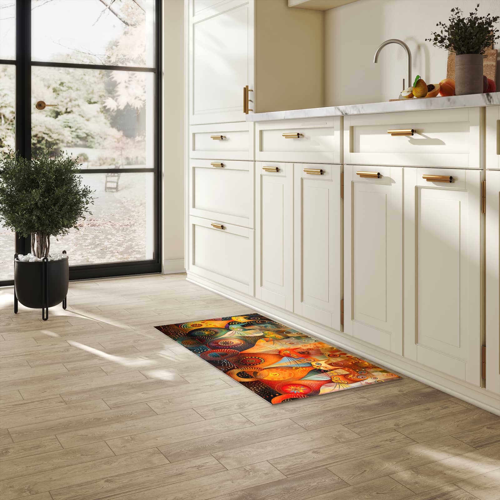 Rutschfester Läufer mit Motiv Katzenkunstwerk für Eingangsbereich in heller Küche