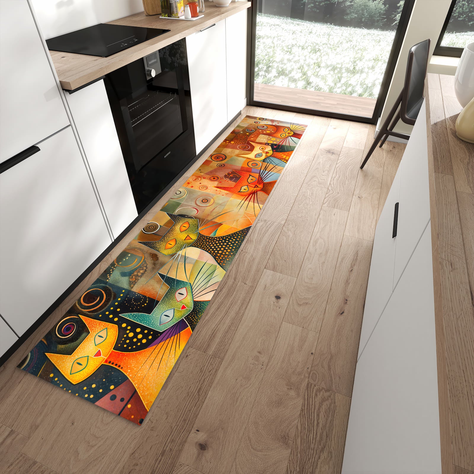 Flacher Küchenteppich mit Motiv Katzenkunstwerk in moderner Küche für rutschfesten Stand