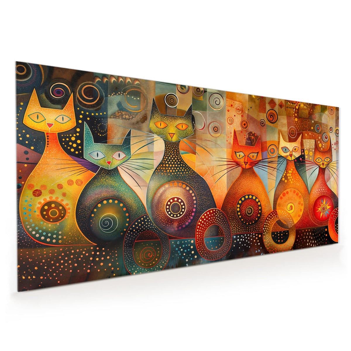 Küchenrückwand aus Glas im Hochformat: Drei stilisierte Katzen in Orange und Rot mit Spiralen, Punkten und Sonnenmotiv im Klimt-Stil
