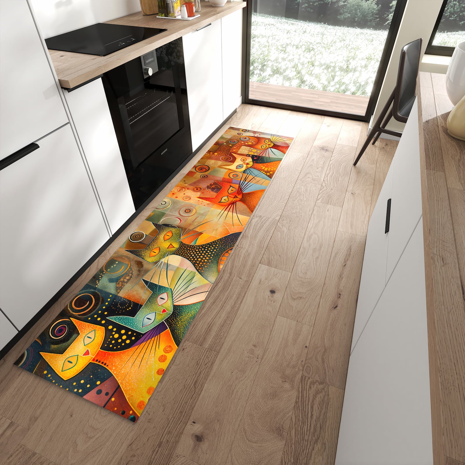 Langlebiger Küchenteppich mit Motiv Katzenkunstwerk in moderner Küche