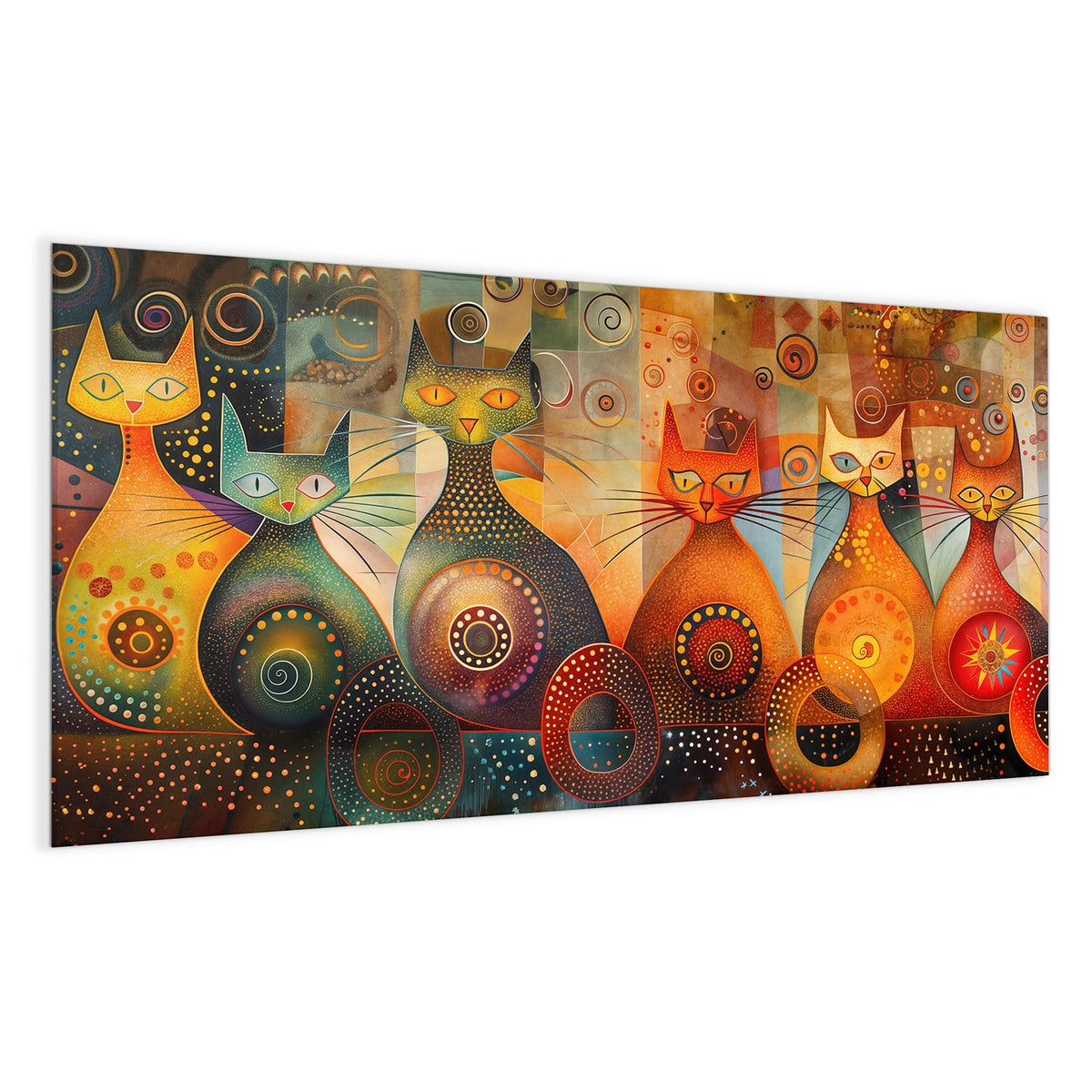 Drei stilisierte Katzen in Orange und Rot mit Spiralen, Punkten und Sonnenmotiv im Klimt-Stil