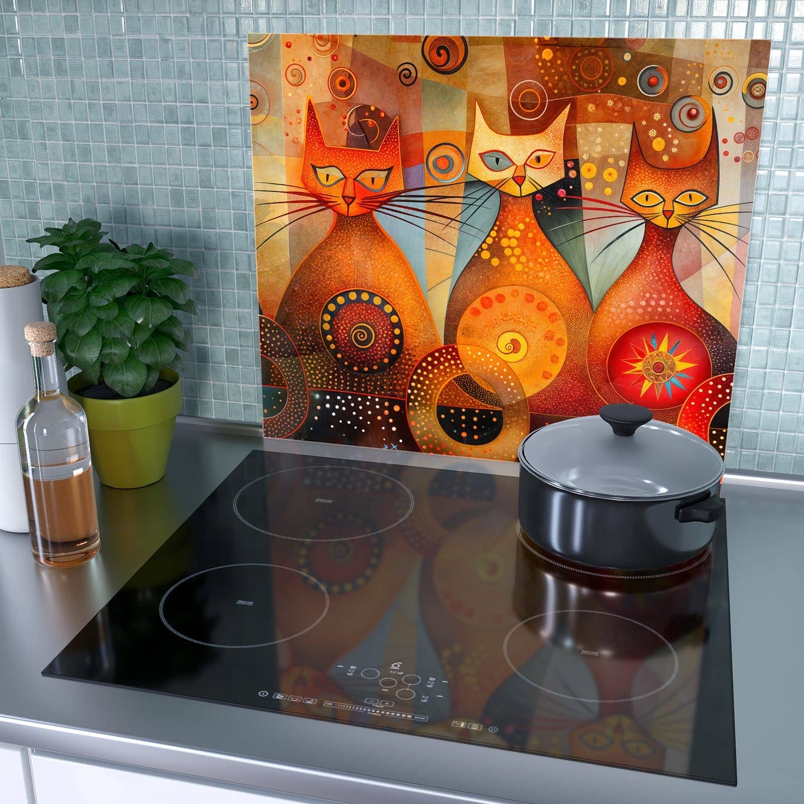 1-teilige Herdabdeckung mit Katzenkunstwerk-Motiv als Spritzschutz hinter dem Kochfeld