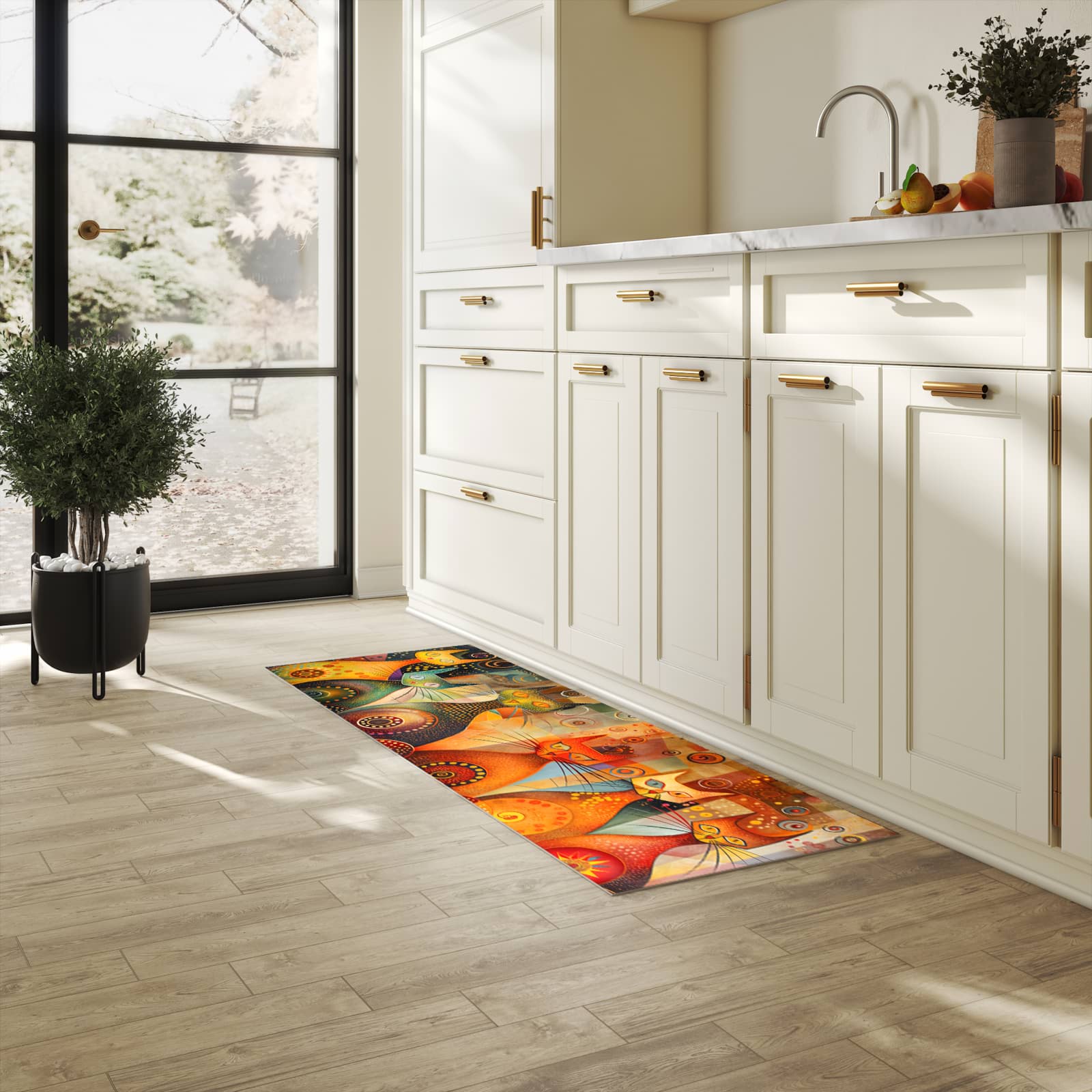 Dünner Küchenteppich mit Motiv Katzenkunstwerk in heller Küche für angenehme Haptik