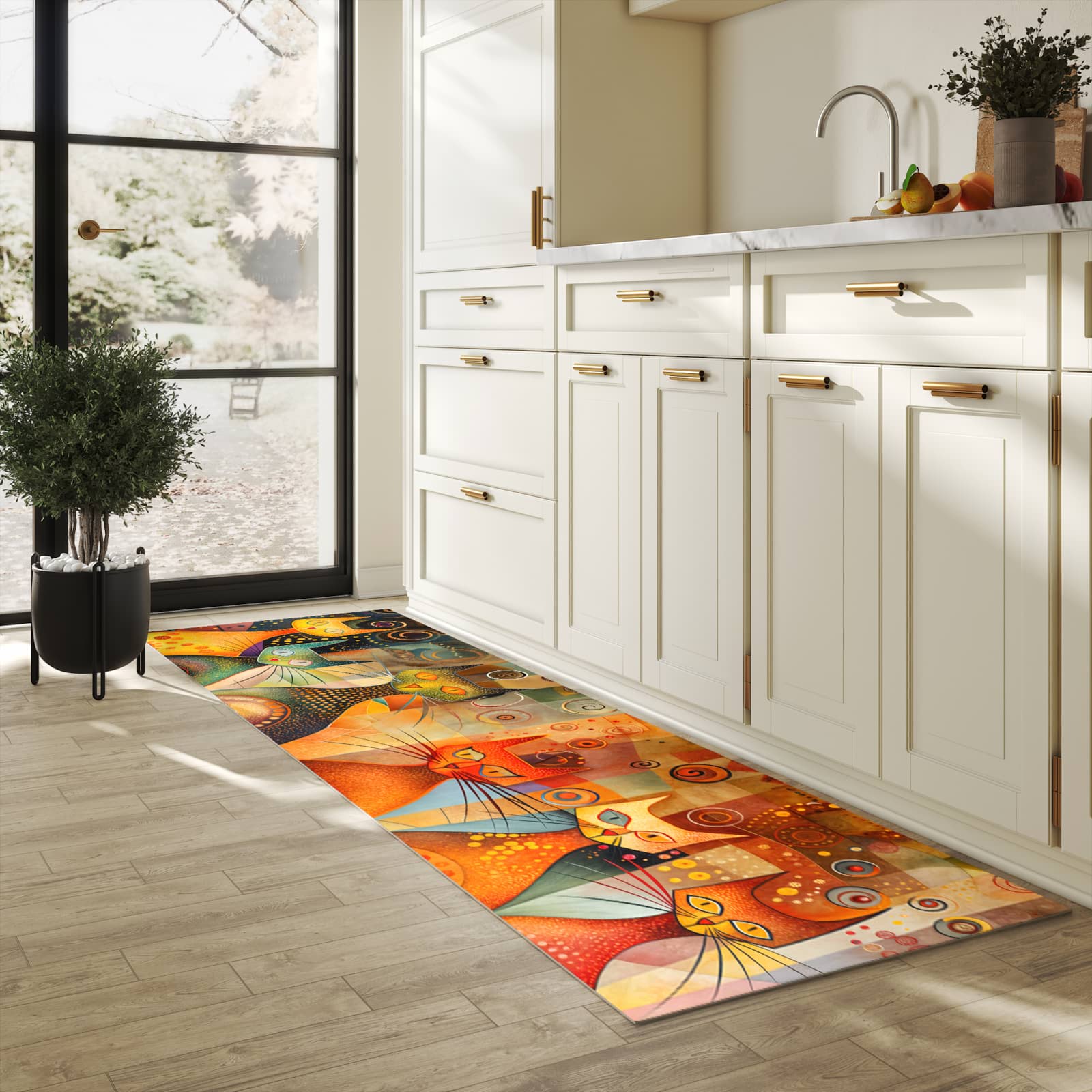 Bodenschonender Bodenläufer-Teppich mit Motiv Katzenkunstwerk in heller Küche