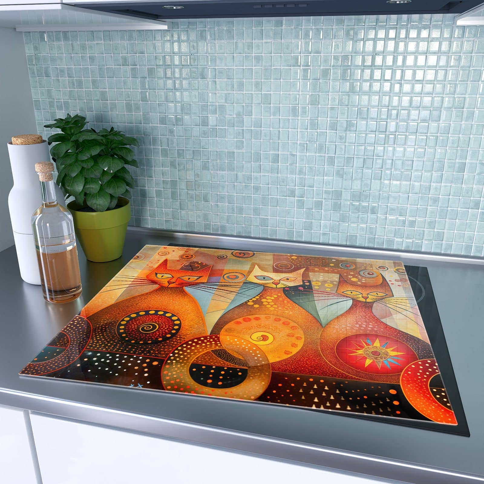 1-teilige Herdabdeckung aus Glas mit Katzenkunstwerk-Motiv auf dem Ceranfeld