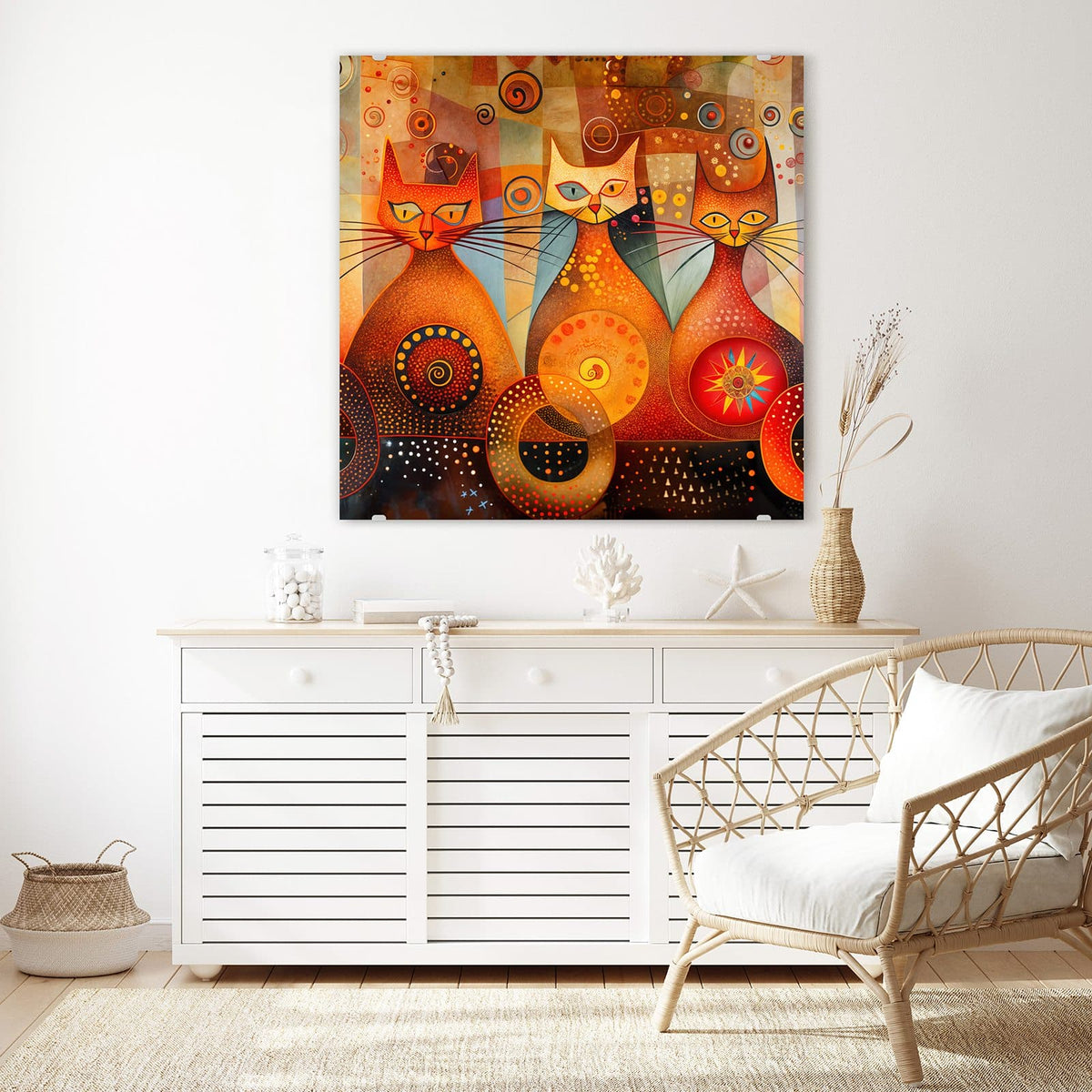 Echtglas, 4 mm – kein Acryl, keine Folie – Wandbild - Drei Katzen in Orange - Quadratisch