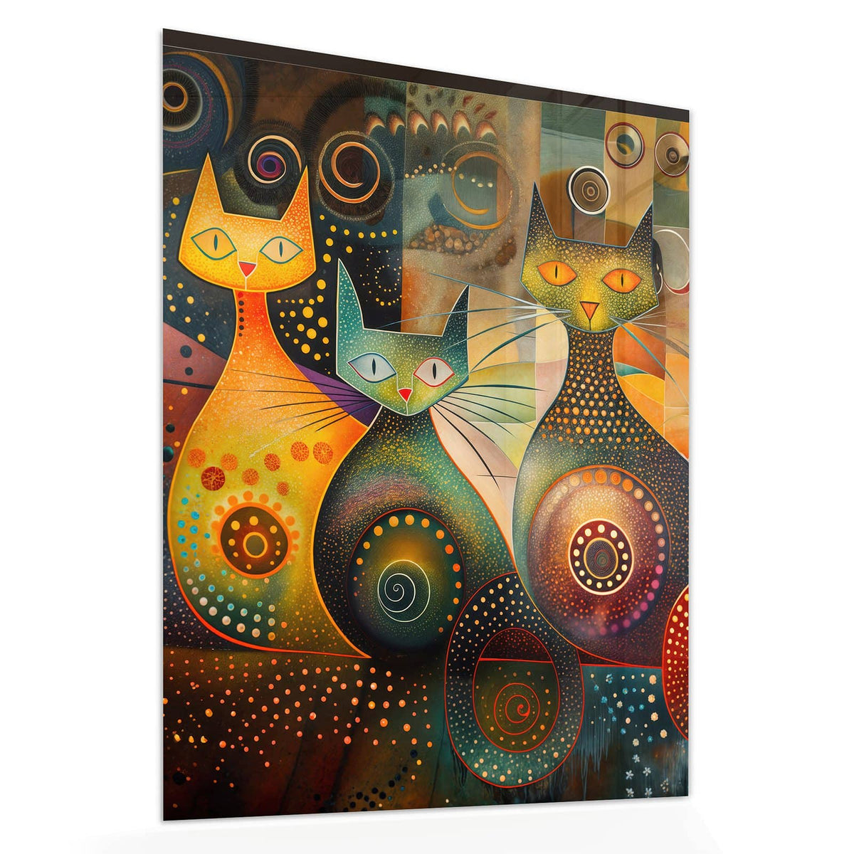 Echtglas, 4 mm – kein Acryl, keine Folie – Wandbild - Drei Katzen in Orange - Hochformat