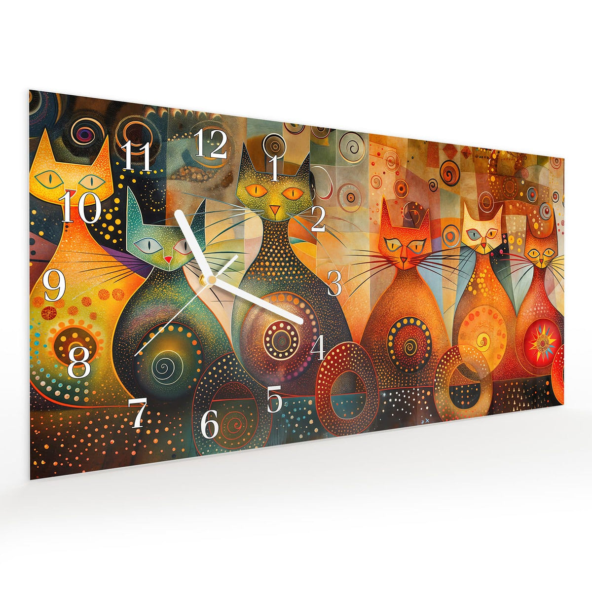 Vormontiert – mit Schwebeeffekt – Wanduhr Katzenkunstwerk aus Glas – Querformat 60 × 30 cm