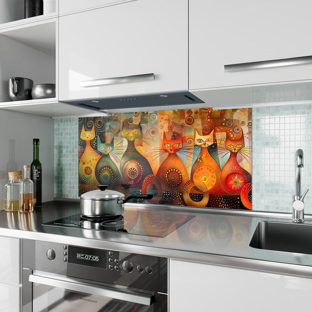 Küchenrückwand aus Glas Drei Katzen in Orange im Hochformat als Spritzschutz hinter dem Kochfeld, über dem Fliesenspiegel montiert
