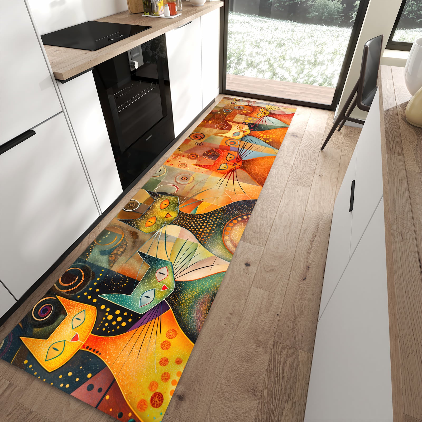 Hygienischer Küchenteppich mit Motiv Katzenkunstwerk in moderner Küche - waschbar