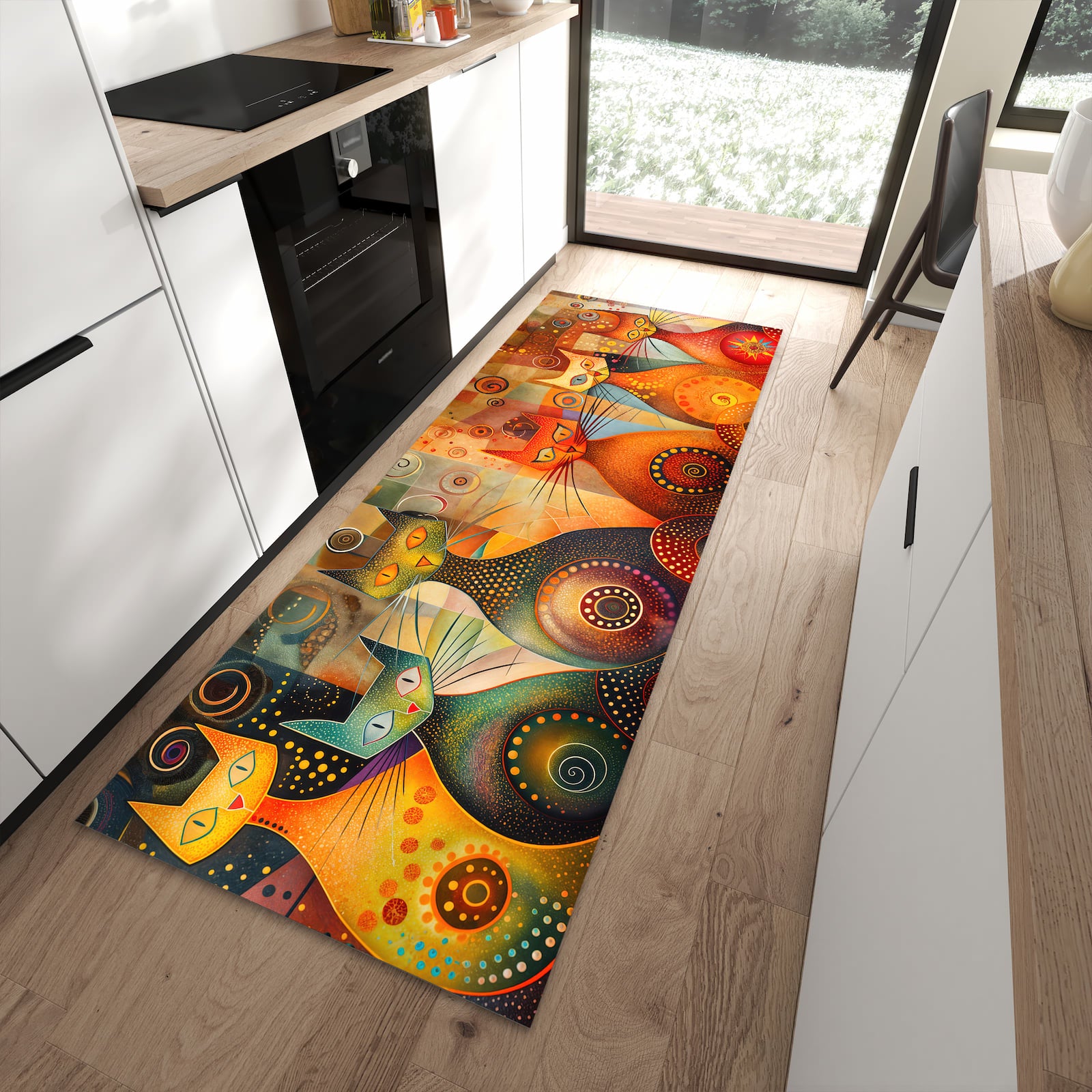 Waschbarer Küchenläufer mit Motiv Katzenkunstwerk in moderner Küche