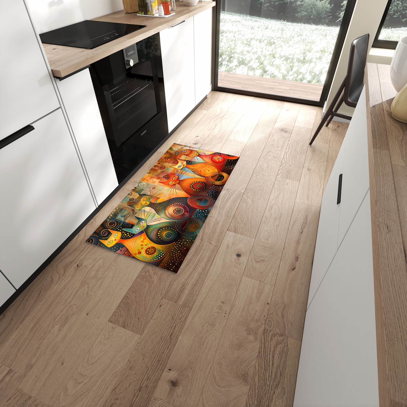 Fleckenresistenter Bodenläufer mit Motiv Katzenkunstwerk in moderner Küche #grösse_60 x 120 cm