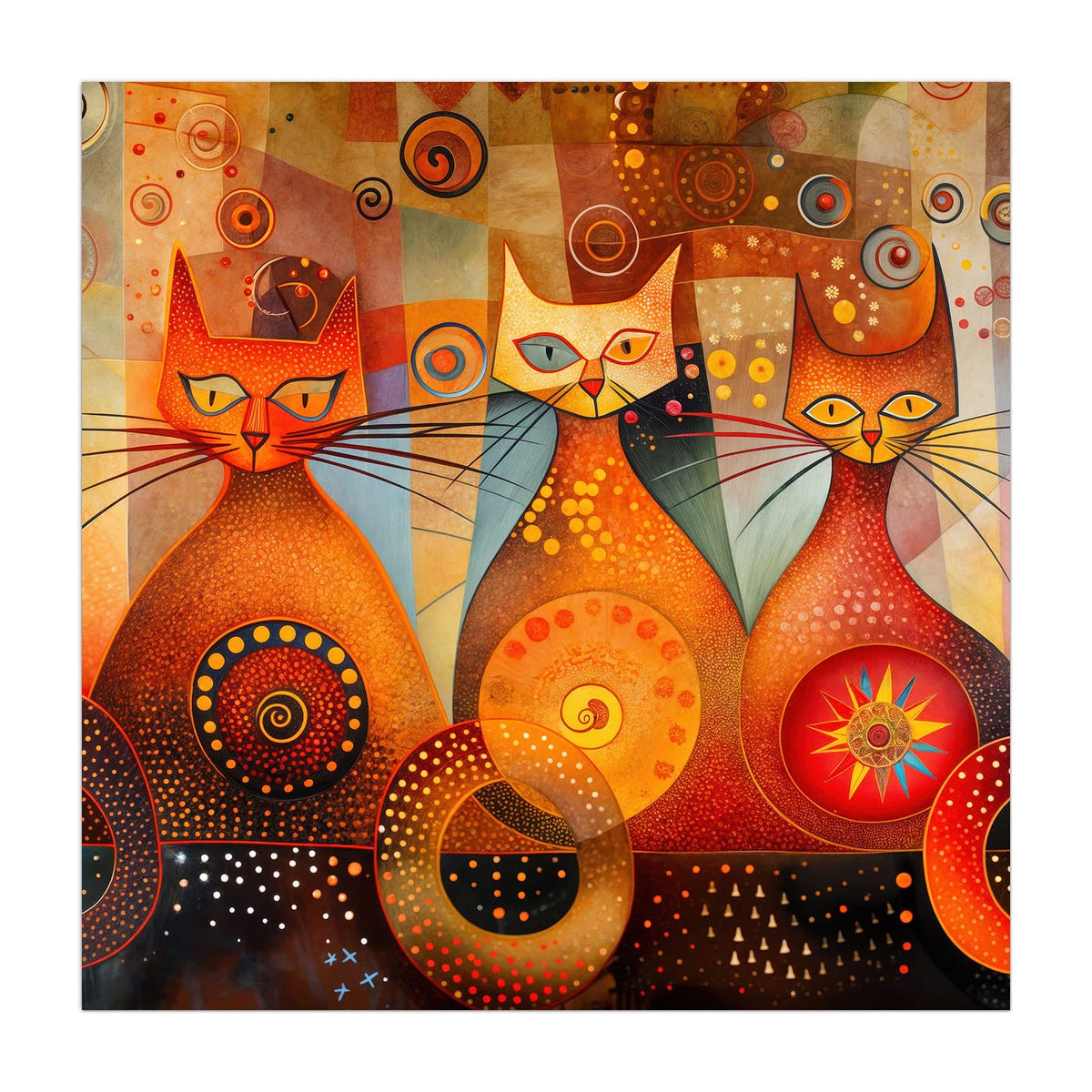 Drei stilisierte Katzen in Orange und Rot mit Spiralen, Punkten und Sonnenmotiv im Klimt-Stil