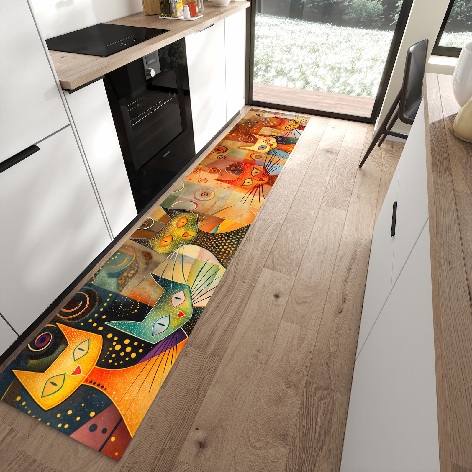 Pflegeleichter Küchenteppich mit Motiv Katzenkunstwerk in moderner Küche