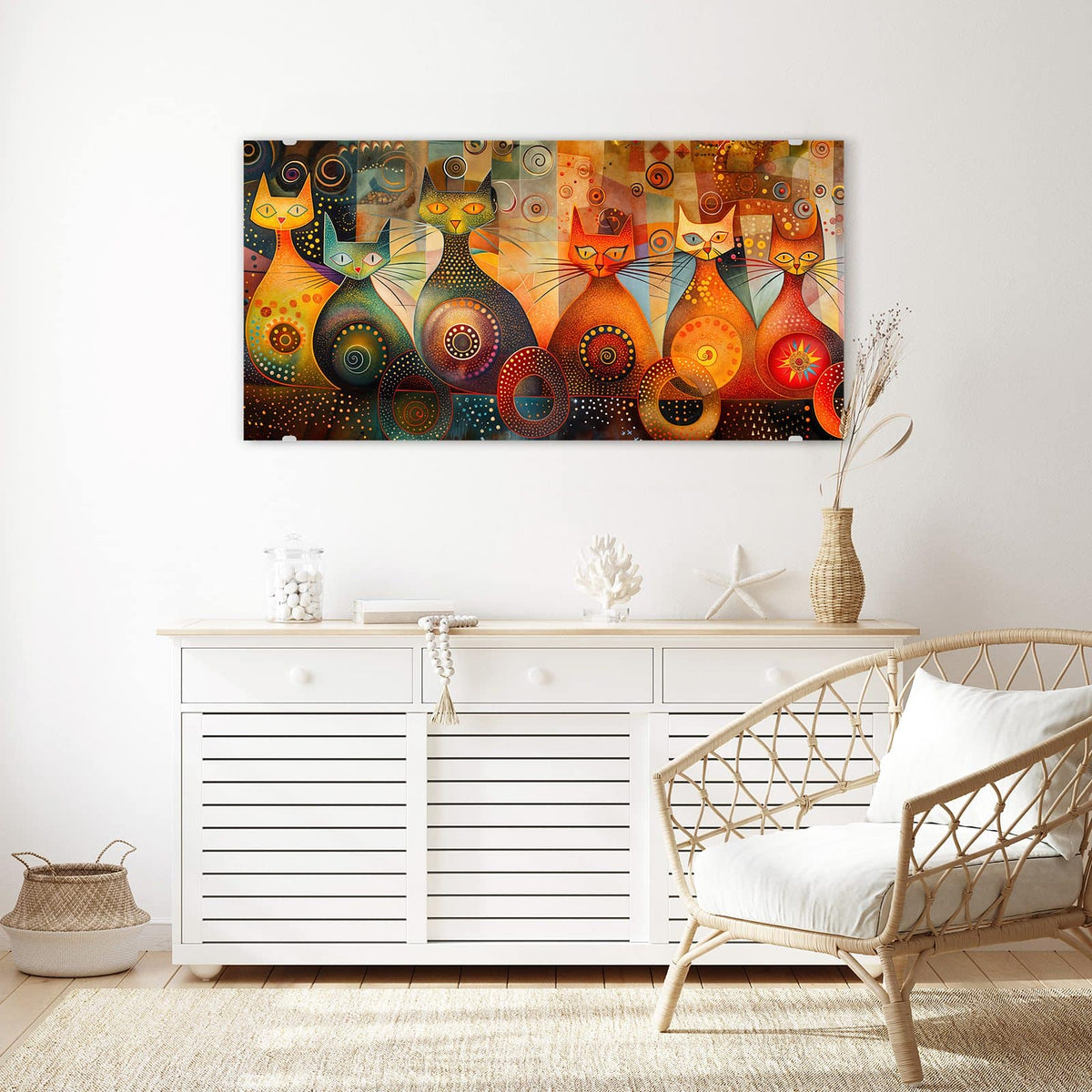 Echtglas, 4 mm – kein Acryl, keine Folie – Wandbild - Drei Katzen in Orange - Querformat