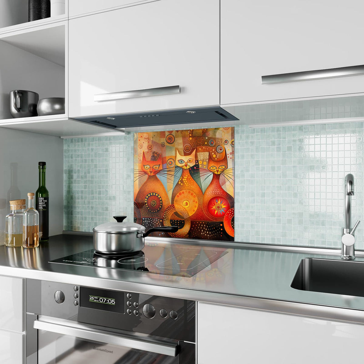 Küchenrückwand Drei Katzen in Orange aus Glas – Stilisierte Katzen in warmem Orange