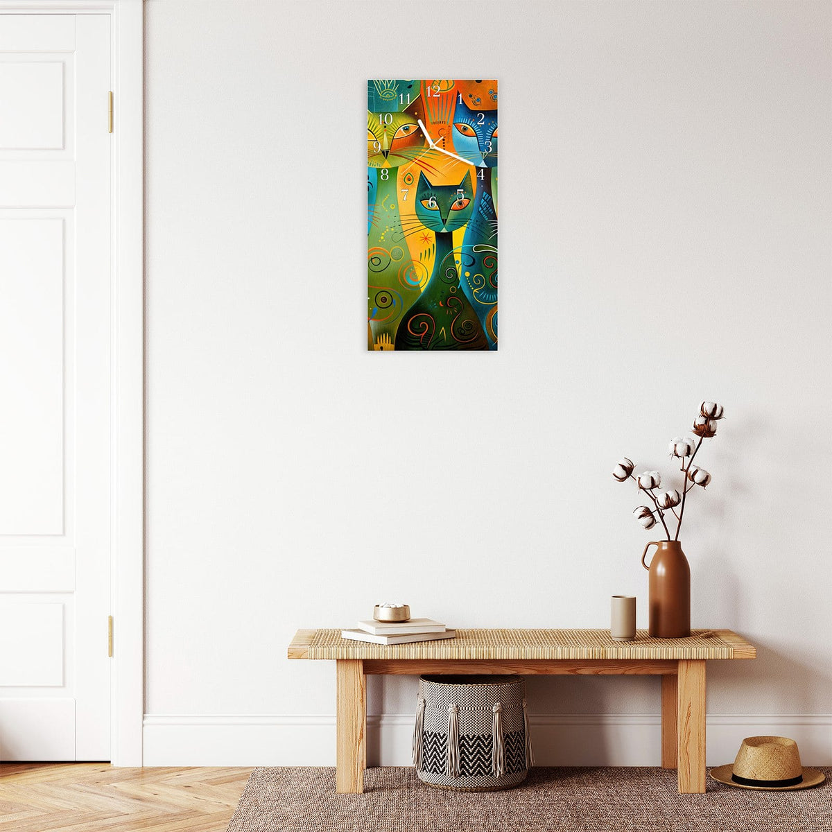 Moderne Wanduhr aus Glas mit Farbtiefe – Wanduhr Bunte Katzenkunst aus Glas – Hochformat 30 × 60 cm