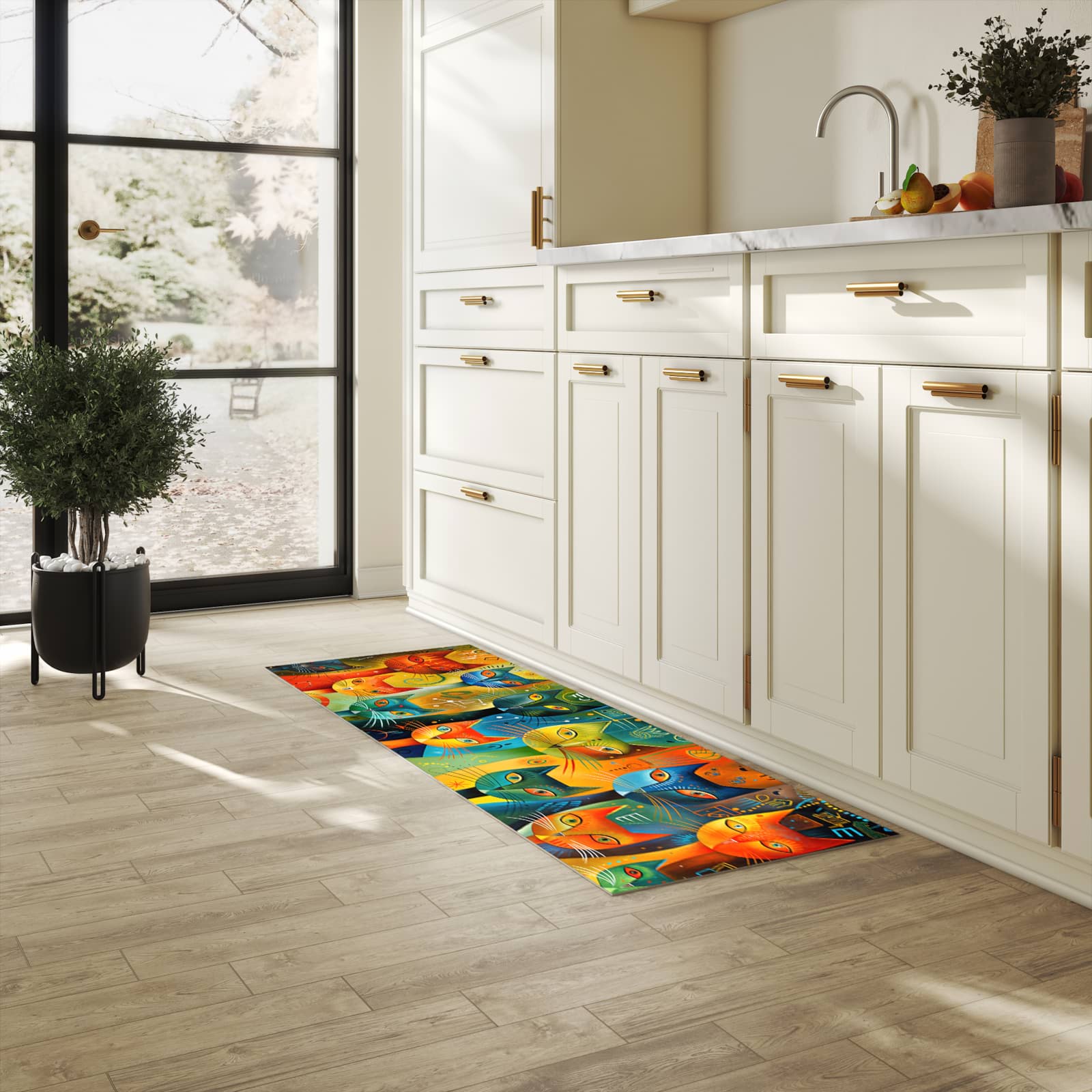Abriebfester Läufer für die Küche mit Motiv Bunte Katzenkunst in heller Küche