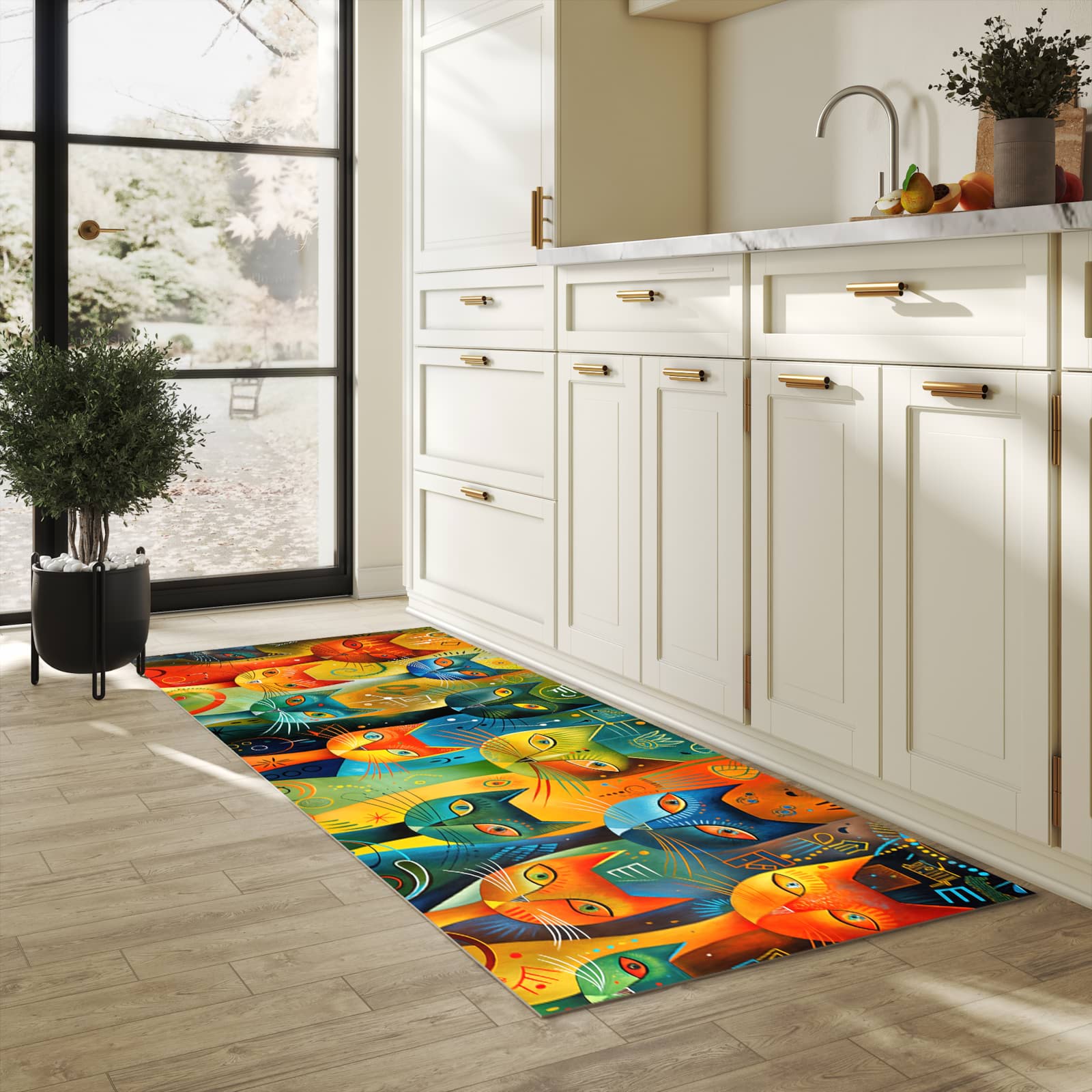 Komfortabler langer Teppich mit Motiv Bunte Katzenkunst in heller Küche
