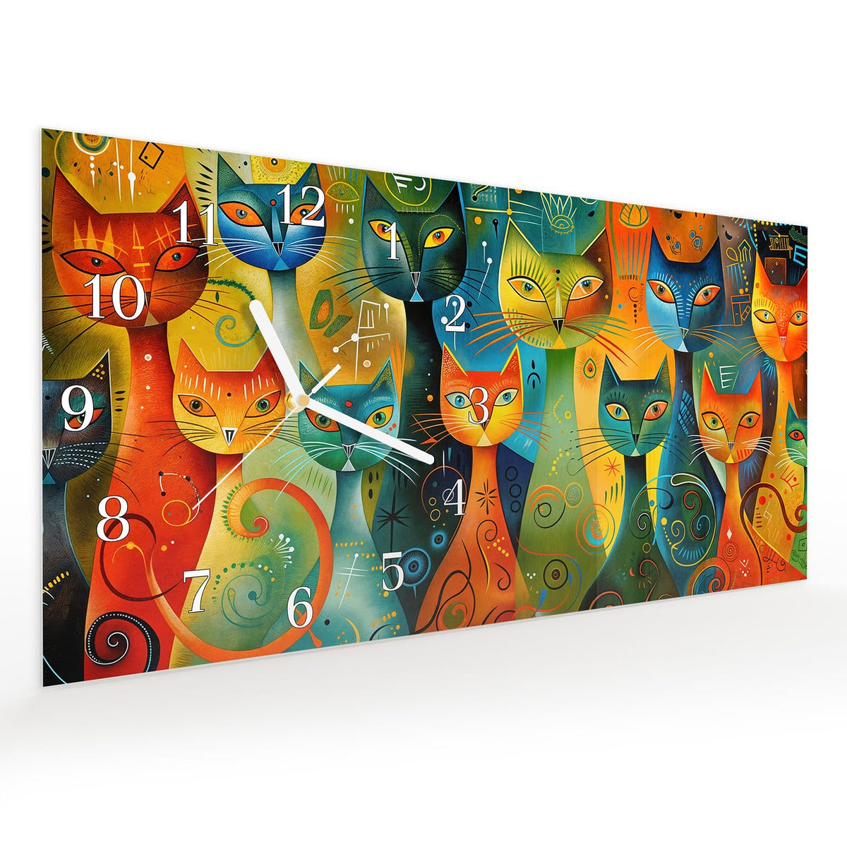 Vormontiert – mit Schwebeeffekt – Wanduhr Bunte Katzenkunst aus Glas – Querformat 60 × 30 cm