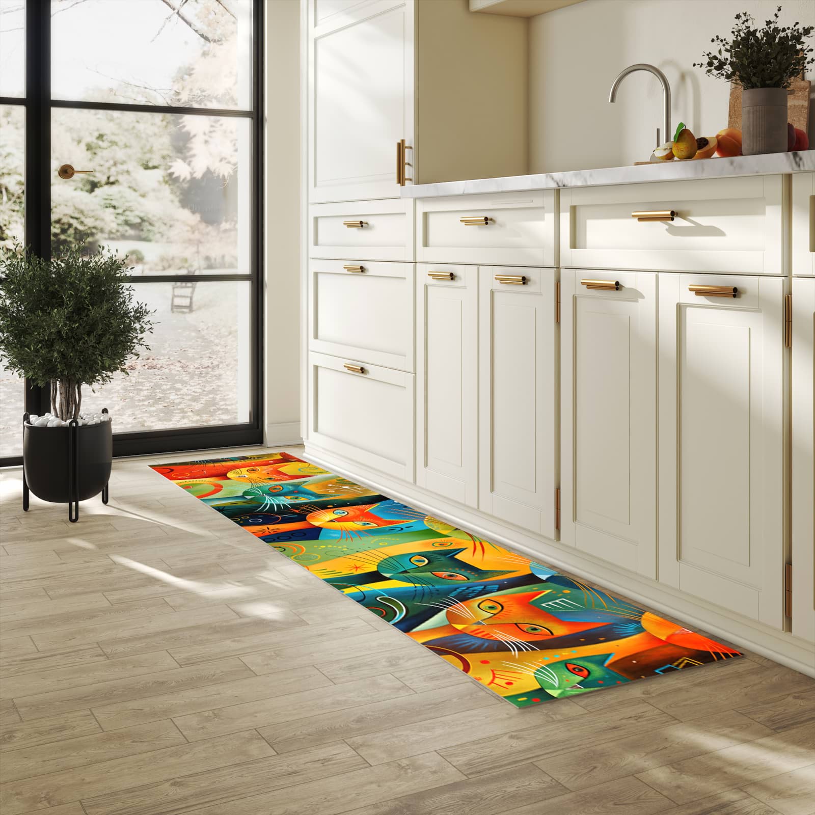 Küchenteppich mit Motiv Bunte Katzenkunst für Trittkomfort in heller Küche