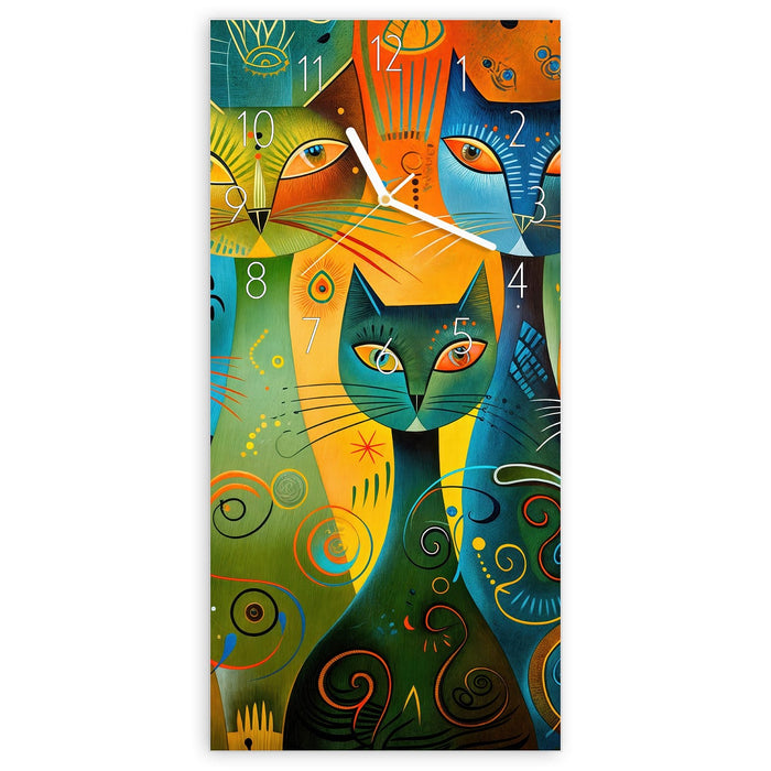 Wanduhr Bunte Katzenkunst aus Glas – Hochformat 30 × 60 cm mit Ziffernblatt Elegant