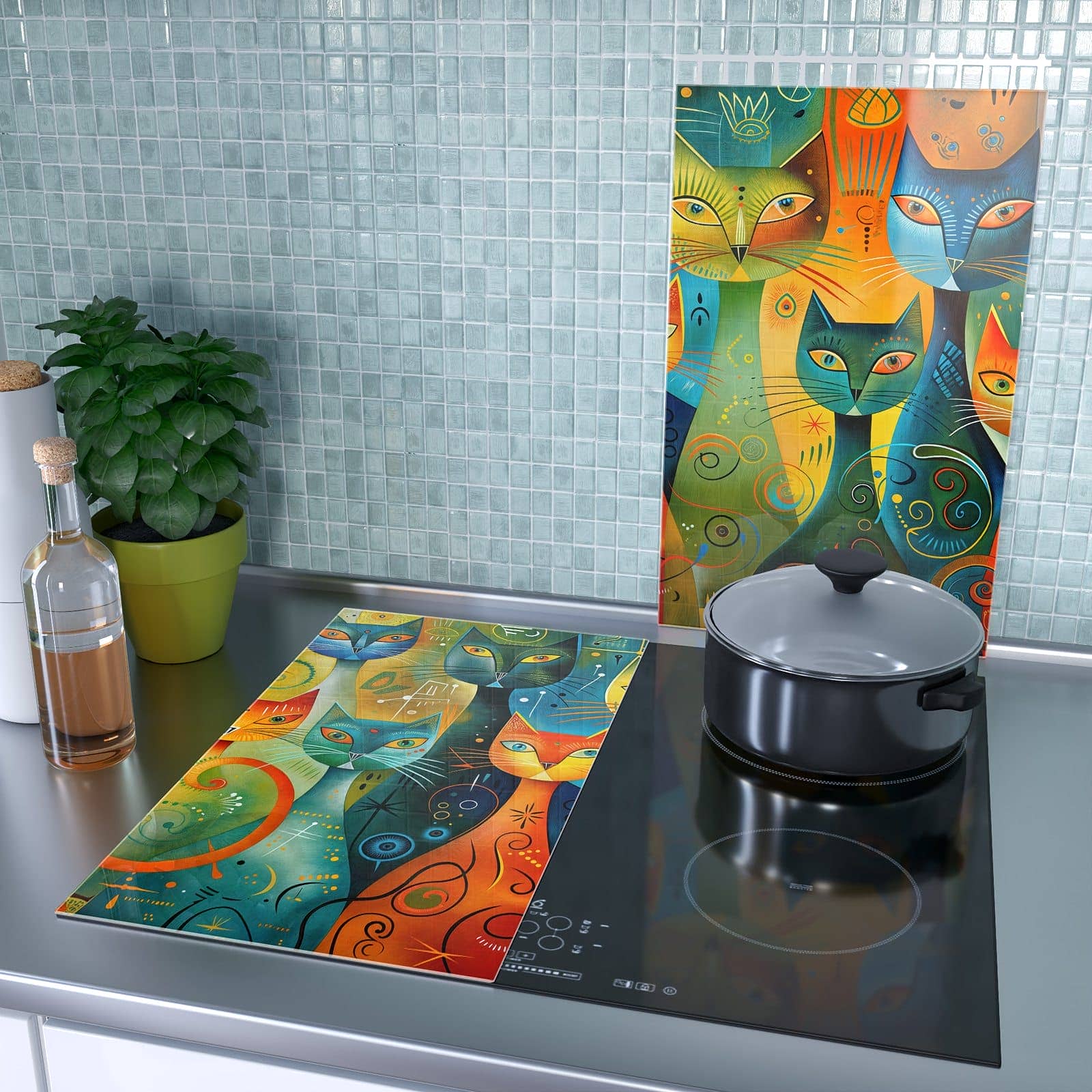 2-teilige Herdabdeckplatten aus Glas mit Bunte Katzenkunst-Motiv als Spritzschutz hinter dem Kochfeld