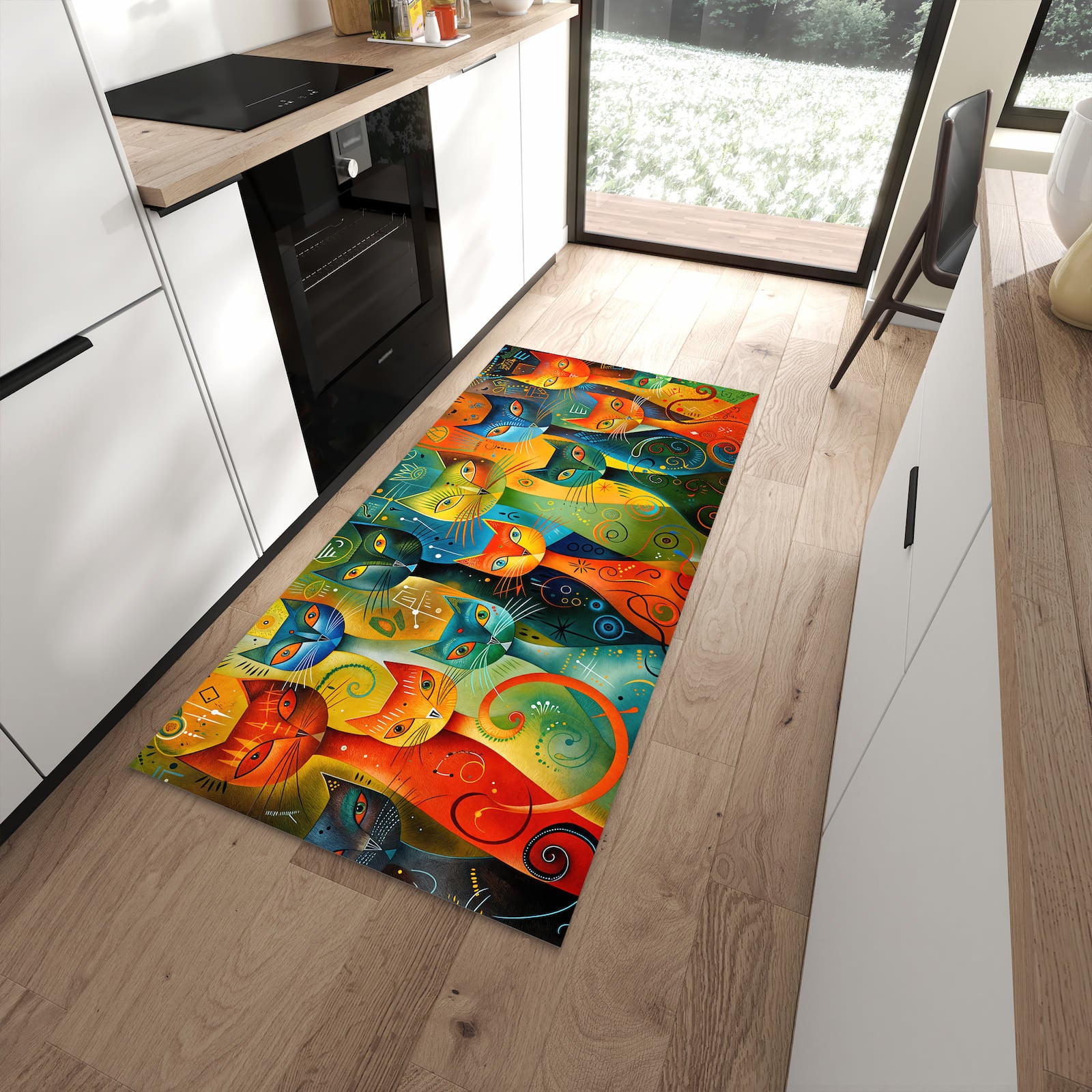 Rutschfester Küchenteppich mit Motiv Bunte Katzenkunst für Trittkomfort in moderner Küche