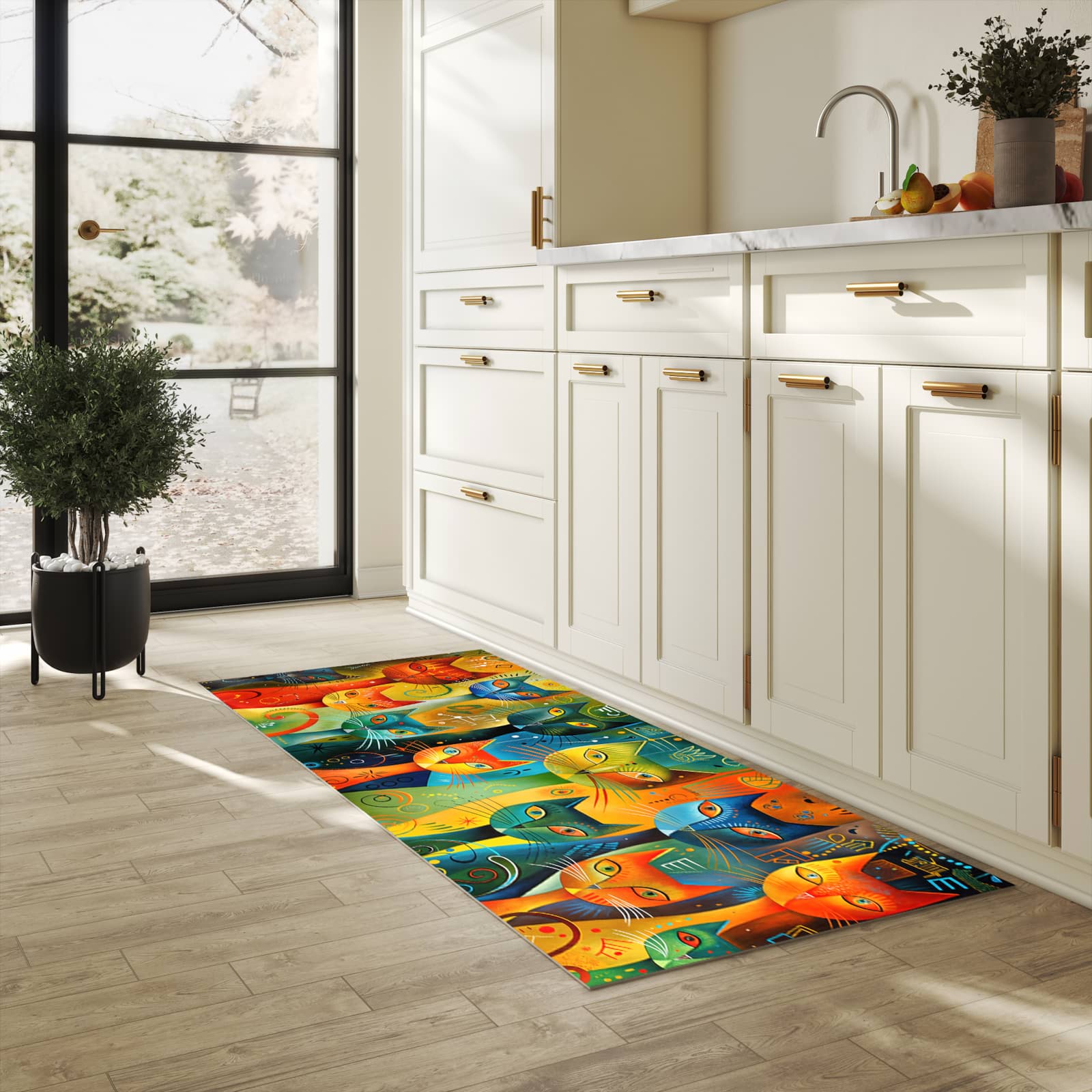 Schmutzabweisender Küchenläufer mit Motiv Bunte Katzenkunst in heller Küche