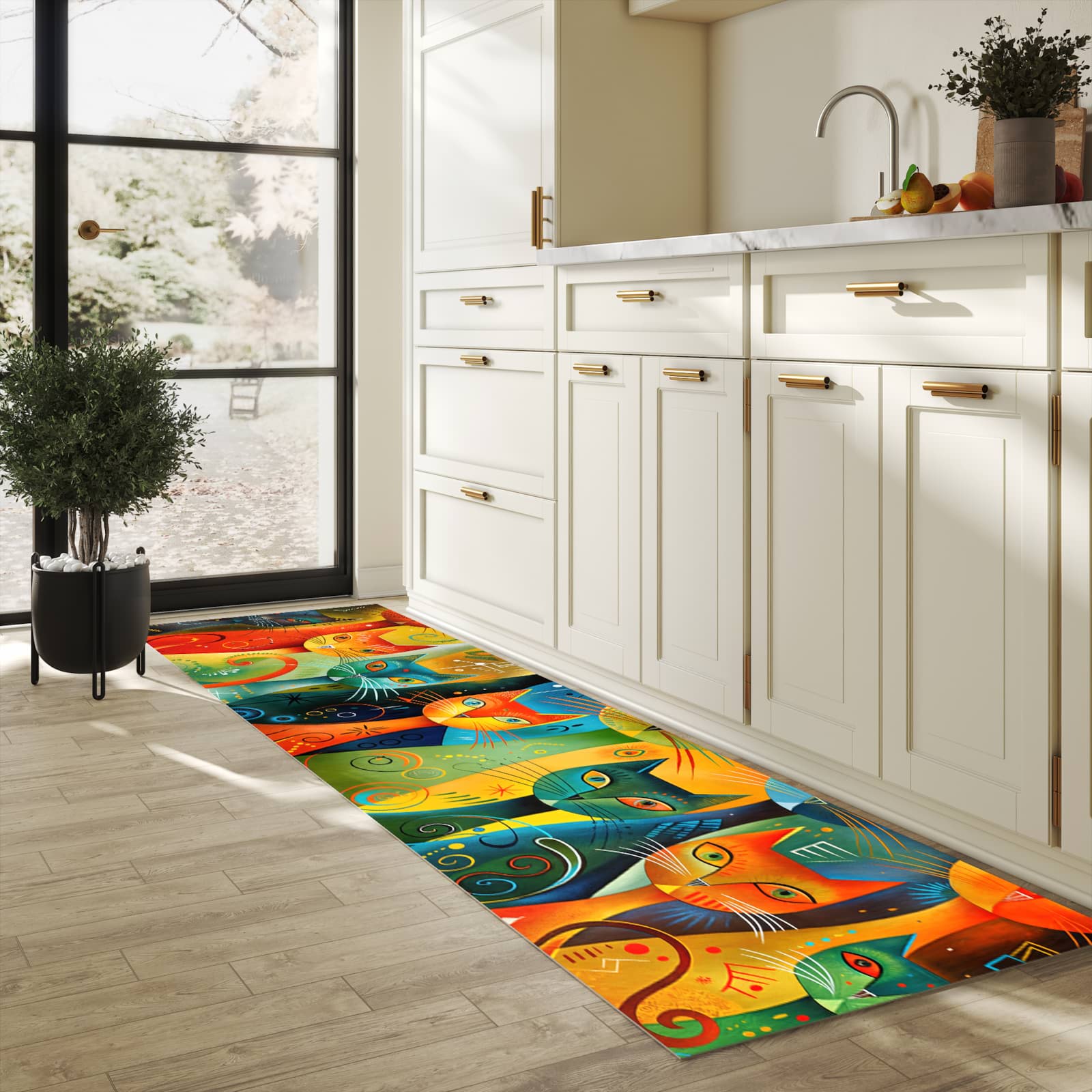 Flacher waschbarer Läufer für die Küche mit Motiv Bunte Katzenkunst in heller Küche