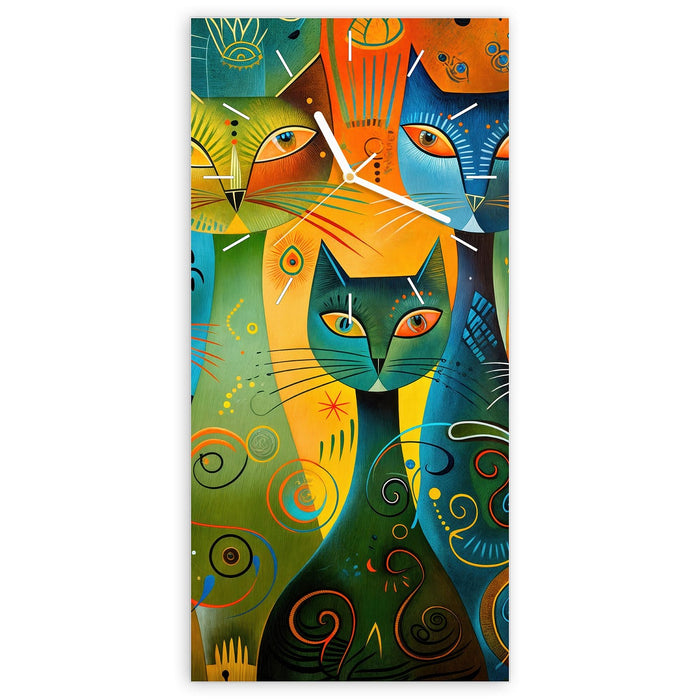 Wanduhr Bunte Katzenkunst aus Glas – Hochformat 30 × 60 cm mit Ziffernblatt Linie