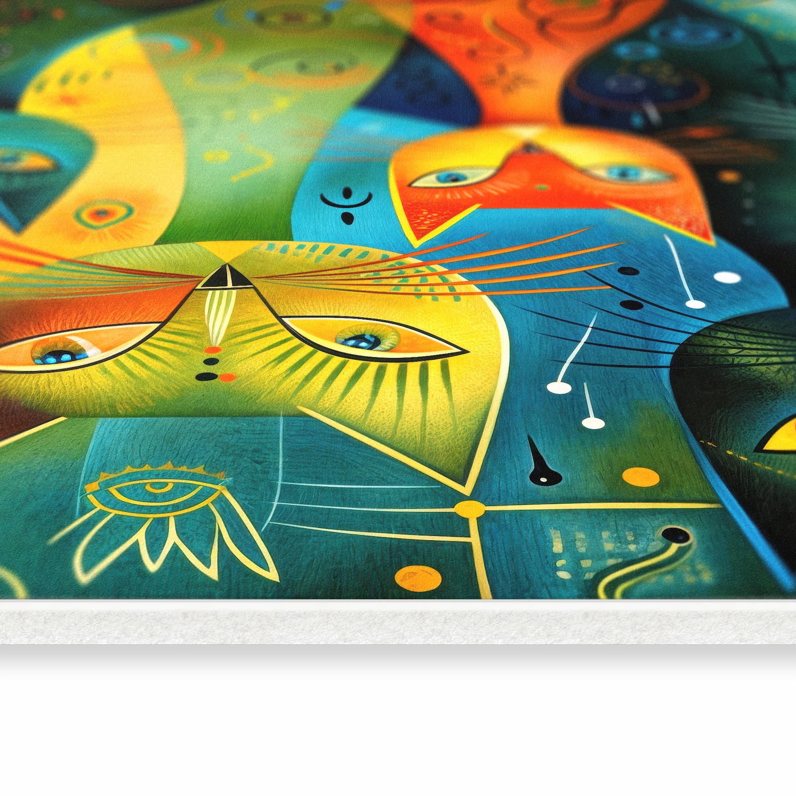 Fleckenresistenter moderner Küchenläufer mit Motiv Bunte Katzenkunst in seitlicher Ansicht