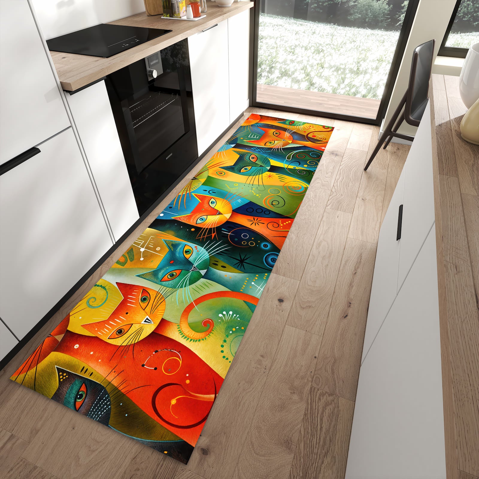 Abriebfester waschbarer Teppich fürs Esszimmer mit Motiv Bunte Katzenkunst in moderner Küche