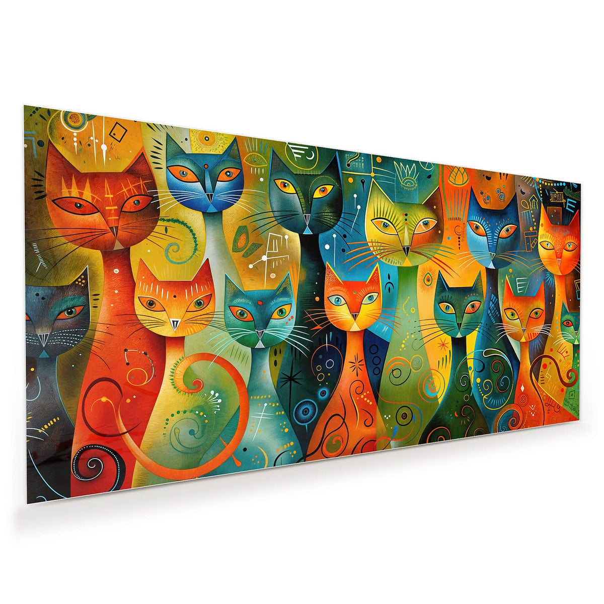 Mehrere stilisierte Katzen in Orange, Türkis und Gelb mit Punkten, Spiralen und Linienmustern