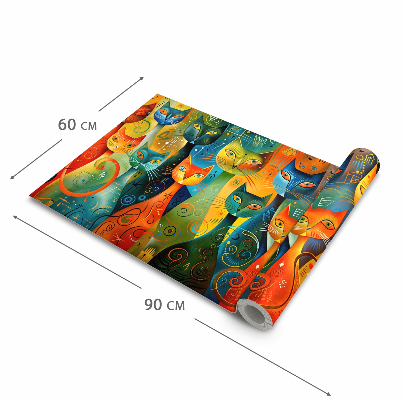 Rutschfester dünner Teppich mit Motiv Bunte Katzenkunst in der Grösse 60x240 cm