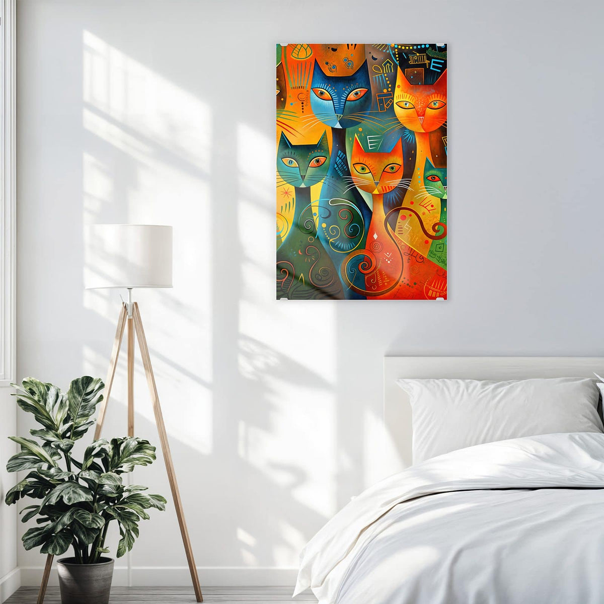 Glasbild Gemusterte Katzen an der Wand – Mehrere stilisierte Katzen in Orange, Türkis und Gelb mit Punkten, Spiralen und Linienmustern