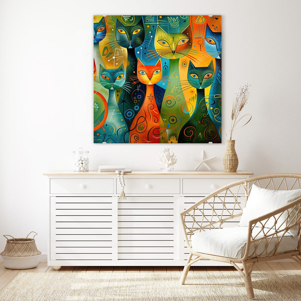 Echtglas, 4 mm – kein Acryl, keine Folie – Wandbild - Gemusterte Katzen - Quadratisch
