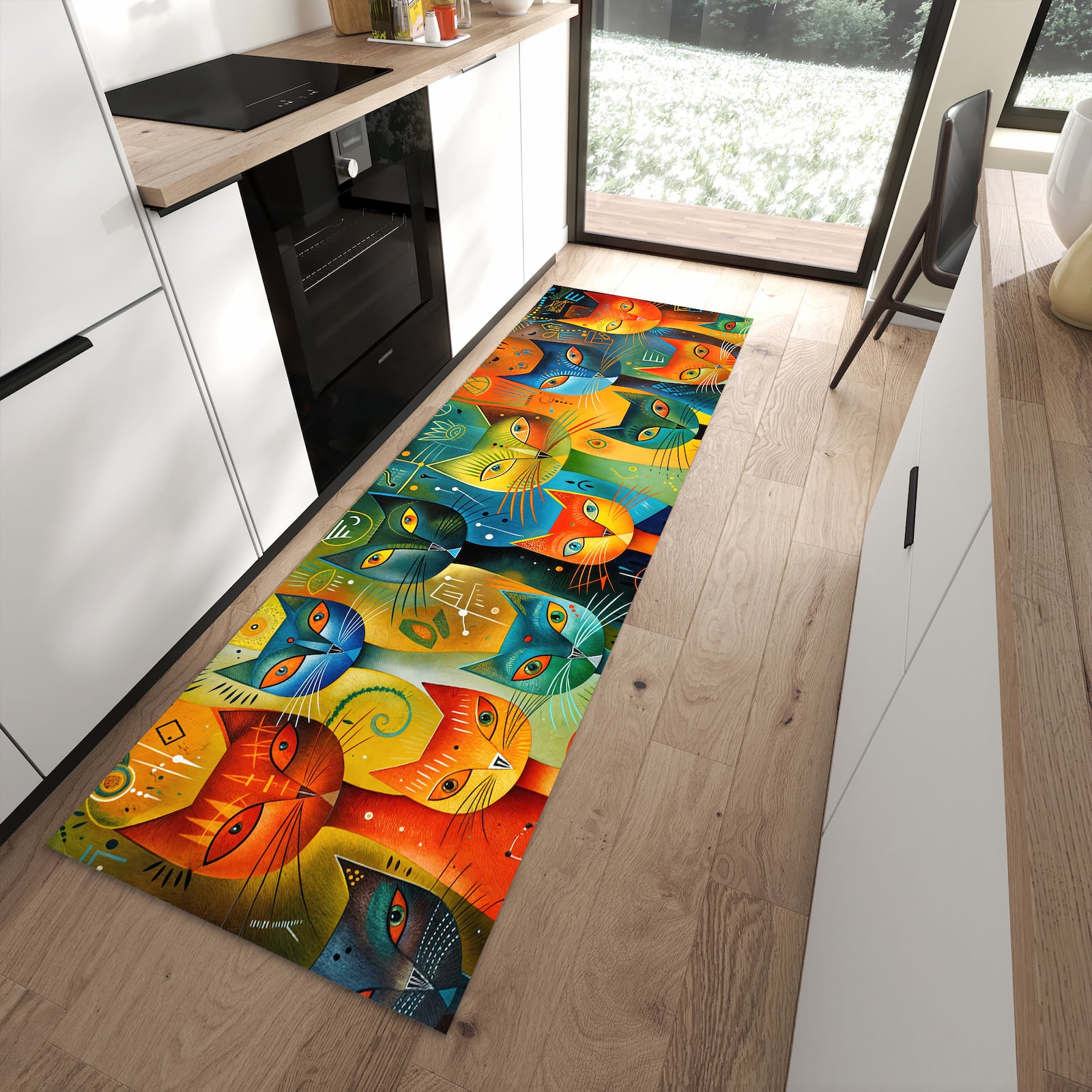 Geräuschdämpfender dünner Küchenteppich mit Motiv Bunte Katzenkunst in moderner Küche