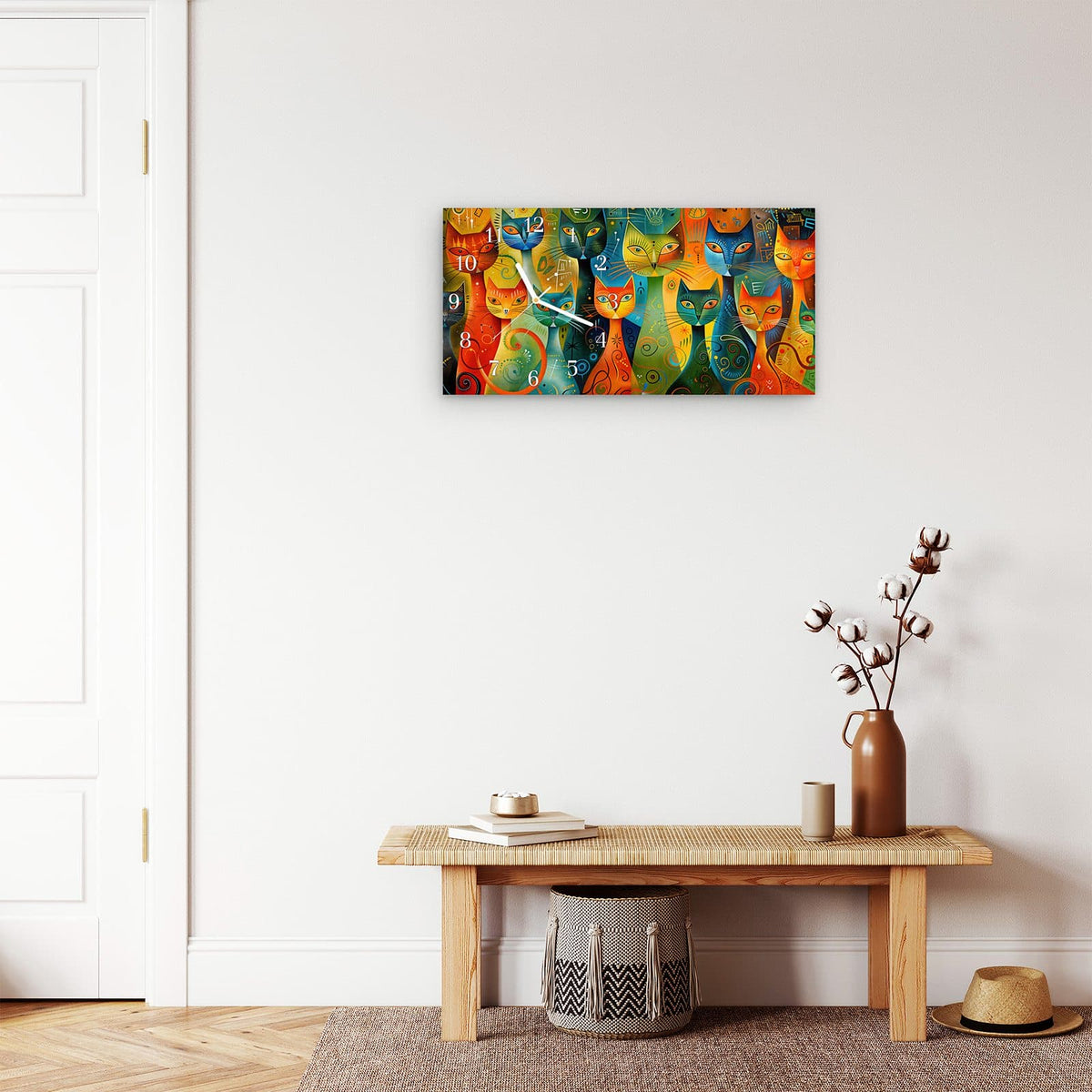Moderne Wanduhr aus Glas mit Farbtiefe – Wanduhr Bunte Katzenkunst aus Glas – Querformat 60 × 30 cm
